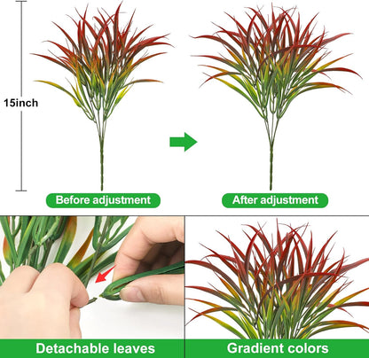 Ouddy Decor 16 Bundles Artificial Plants Outdoor Fake Grass Greenery Stems UV Resistant Faux Plastic Plants Shrubs for Autumn Home Garden Pathway Farmhouse Front Porch Harvest Thanksgiving Decor, Red