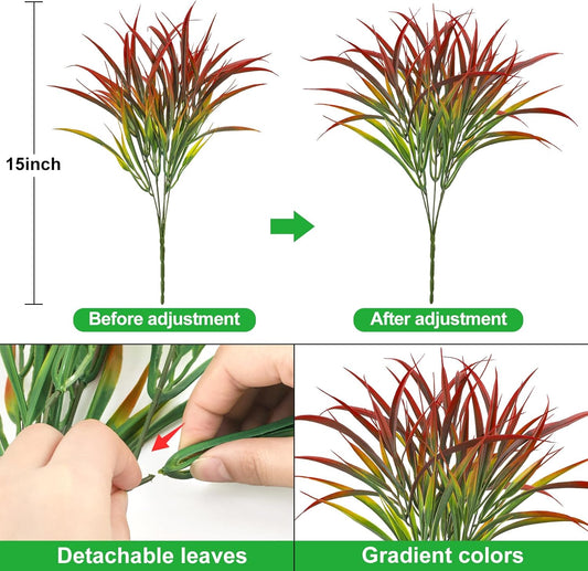 Ouddy Decor 16 Bundles Artificial Plants Outdoor Fake Grass Greenery Stems UV Resistant Faux Plastic Plants Shrubs for Autumn Home Garden Pathway Farmhouse Front Porch Harvest Thanksgiving Decor, Red