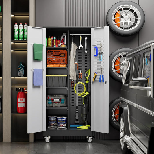 Garage Storage Cabinet with Wheels, Metal Tool Cabinet with Pegboards and 4 Adjustable Shelves, Garage Storage System with Lockable Door for Shools, Offices, Gyms and Pantries, Black and White