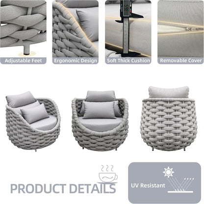 TWT Aluminum Outdoor Patio Furniture Set, 4 Textilene Armchairs Modern Outdoor Conversation Set Outdoor Single Sofa with Upgrade Cushion and Coffee Table for Balcony, Light Grey