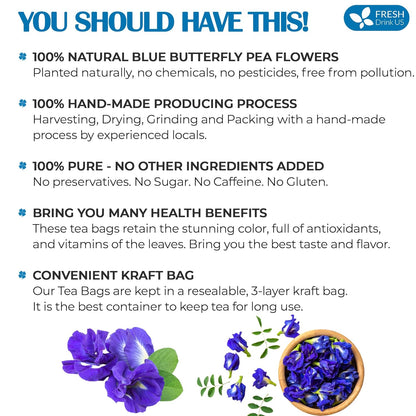FRESHDRINKUS Premium 55 Butterfly Pea Flowers Tea Bags,100% Pure, Organic, Non GMO, Made With Organic Bags, Sugar/ Caffeine/ Gluten Free, Wildcrafted, Vegan, Handmade Product