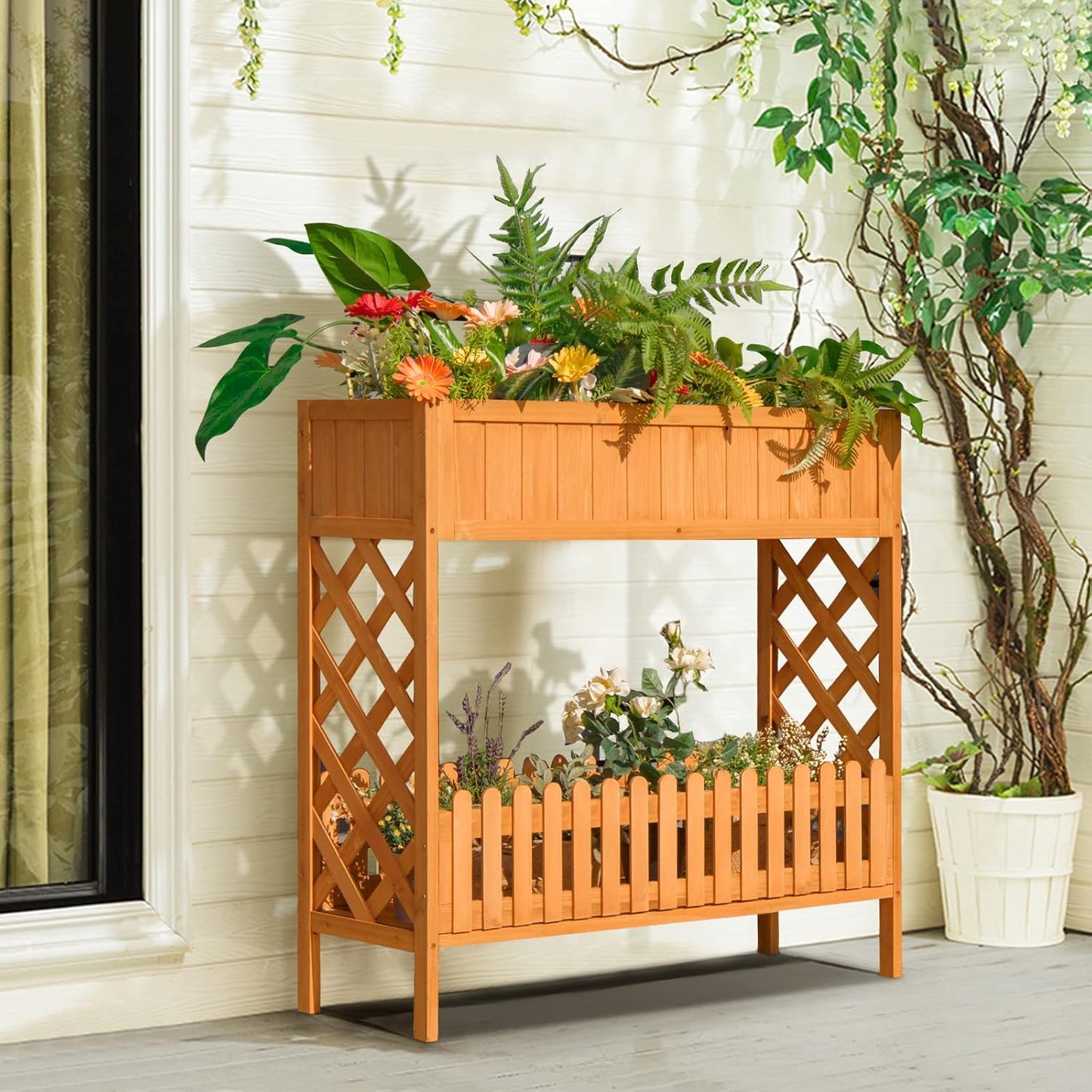 S AFSTAR 2-Tier Raised Garden Bed, Indoor Outdoor Flower Bed with Bottom Shelf Fence, 35.5” H Wood Elevated Planter Box for Vegetable Flower Herb Succulent, Ideal for Patio Balcony Backyard