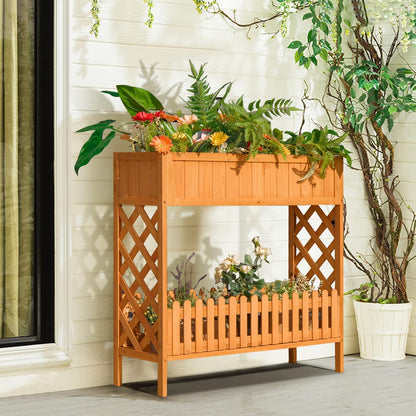 S AFSTAR 2-Tier Raised Garden Bed, Indoor Outdoor Flower Bed with Bottom Shelf Fence, 35.5” H Wood Elevated Planter Box for Vegetable Flower Herb Succulent, Ideal for Patio Balcony Backyard