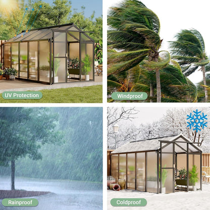 Greenhouse, 6x10 Ft Outdoor Greenhouses with Roof Vents and Sliding Doors, Aluminum Frame Polycarbonate Accessible Greenhouses, Suitable for Outdoor Gardens and Backyards, Black