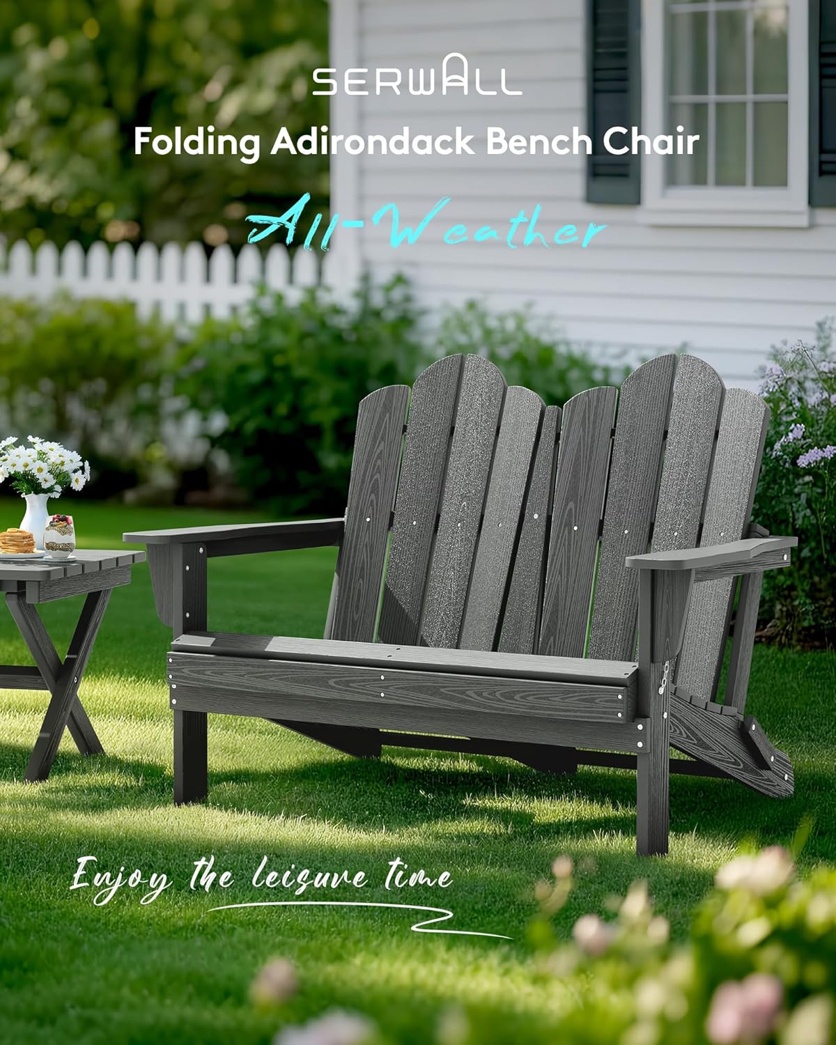 SERWALL 2 Person Adirondack Loveseat, HDPE All-Weather Folding Adirondack Bench Chair, Outdoor Adirondack Chair Set of 4, Grey