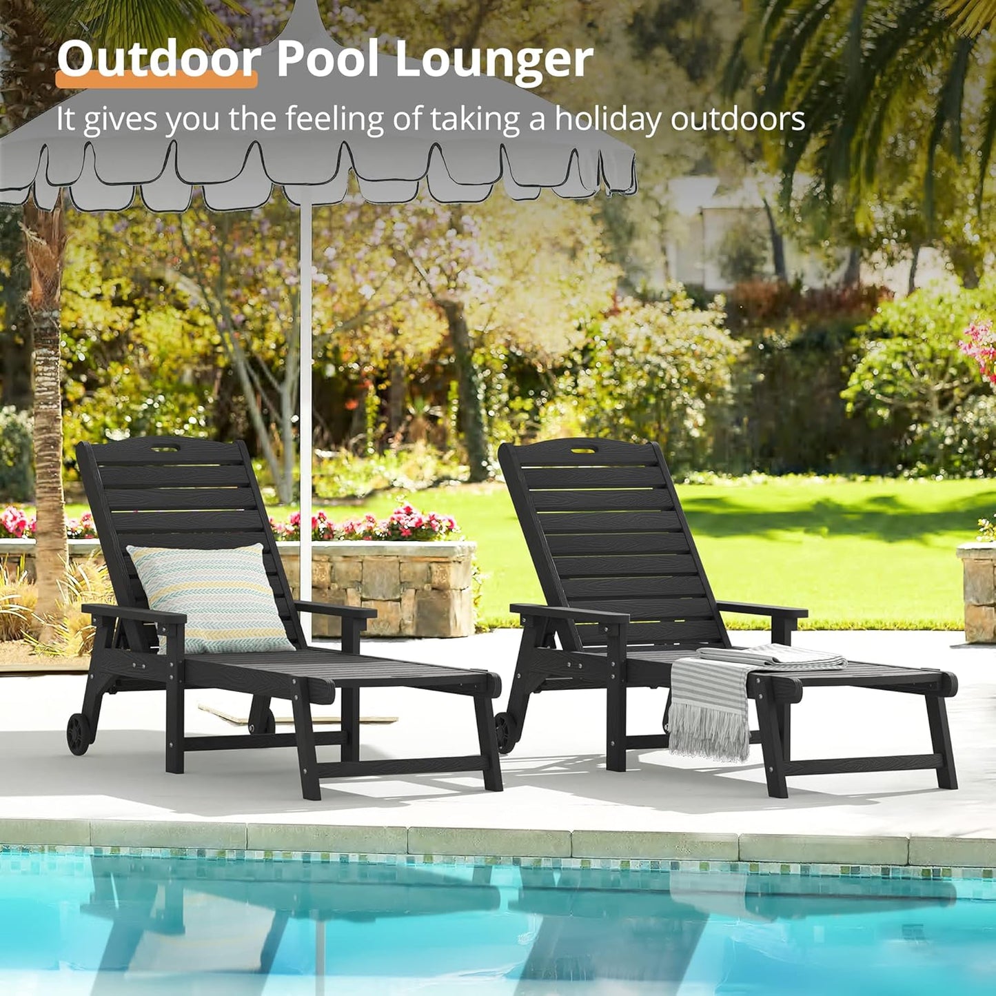 LUE BONA Chaise Lounge Chairs Set with Table, 6-Piece, 79'' Oversized HDPS Chaise Lounger, 5 Positions Adjustable Lounge Chairs, Pool Lounge Chair with Wheels for Poolside, 3 Year Warranty, Black