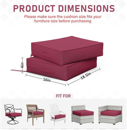 Patio Chair Cushions 18.5 X 16 X 4 Inch Waterproof Outdoor Seat Cushions for Patio Furniture, Outdoor Sofa Couch Pads with Ties & Handle, Set of 2, Fuchsiared