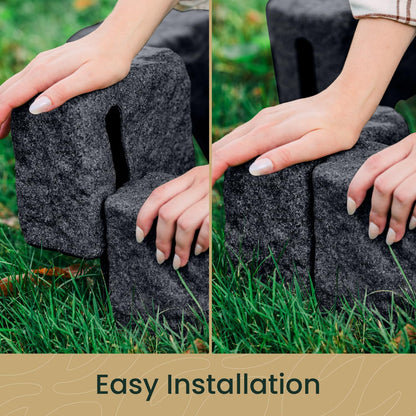 Beuta Landscape Edging | Garden Edging Border | Faux Stone Blocks for Lawn Edging, Flower Beds & Yard Edging – 4 Pack | Each Section Has 6 Blocks 48" L x 4" W x 6.5" H | 8 Spikes | Charcoal