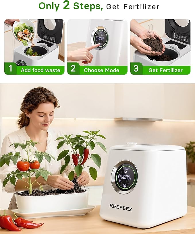 Eectric Kitchen Composter, 3L Smart Mill Food Recycler with Large Touch Screen, Compost Bin Indoor with 4 Sharktooth Blades, 0.5kWh Per Cycle Energy-efficient, Odorless, Low Noise, Auto-Cleaning