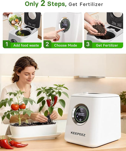 Eectric Kitchen Composter, 3L Smart Mill Food Recycler with Large Touch Screen, Compost Bin Indoor with 4 Sharktooth Blades, 0.5kWh Per Cycle Energy-efficient, Odorless, Low Noise, Auto-Cleaning