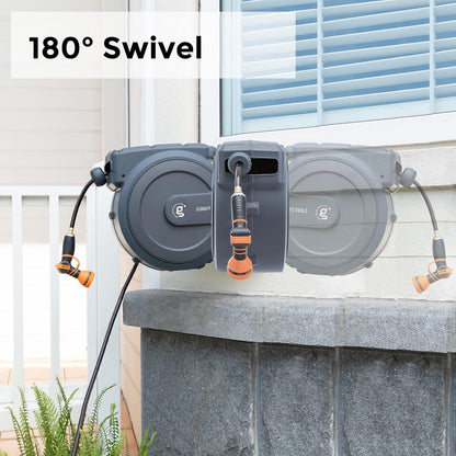 Giraffe Tools Metal Retractable Hose Reel 130 FT Wall Mounted Heavy Duty Hose Reel with 9 Pattern Nozzle 180 Deg Swivel, Metal Bracket Any Length Lock (1/2 130FT PRO, Dark Grey)