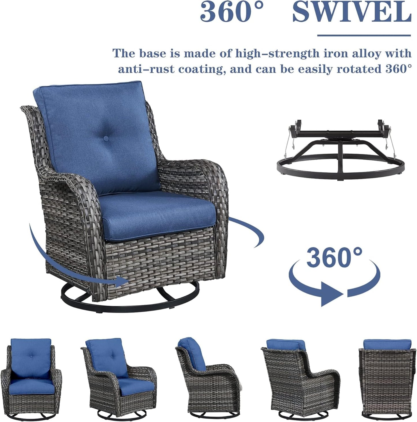 Outdoor Patio Furniture Set with Propane Fire Pit Table, 7 Pieces Wicker Patio Conversation Set with 2 Swivel Glider Rocker Chairs Rattan Sofa Blue Cushion Perfect for Casual Gathering Gray
