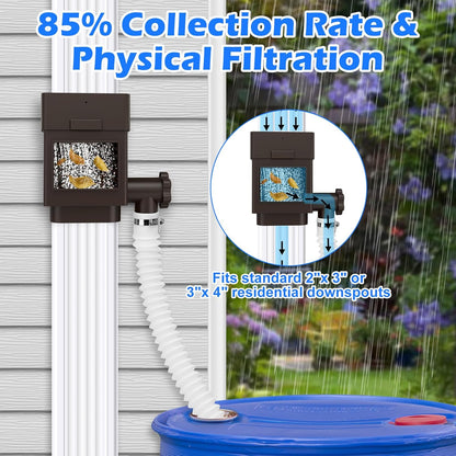 WADEO Rainwater Collection System, Downspout Diverter Fits for 2"x 3" or 3"x 4" Residential Downspouts, Rain Barrel Diverter Kit with Adjustable Valve and Filter, 5FT Hose, Brown