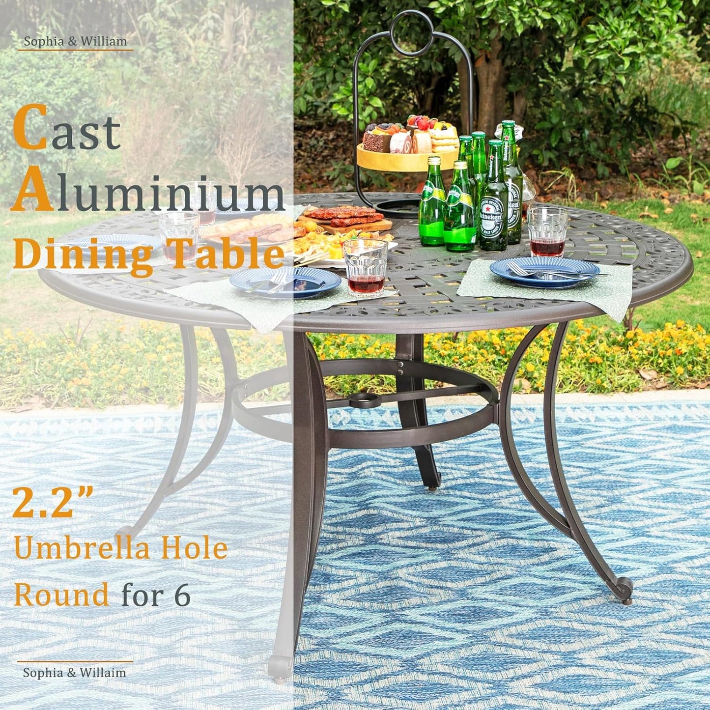 Sophia & William Outdoor Dining Table 6-Person Round Cast Aluminium, Patio Bistro Table with 2.2" Umbrella Hole for Porch Backyard, Bronze