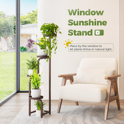 Bamworld Corner Plant Stand Indoor Outdoor, Tall Metal Flower Pot Stands for Multiple Plants, 4 Tier Brown Heavy Duty Plant Shelf for Patio Garden Balcony Living Room Bedroom(Patent Design)