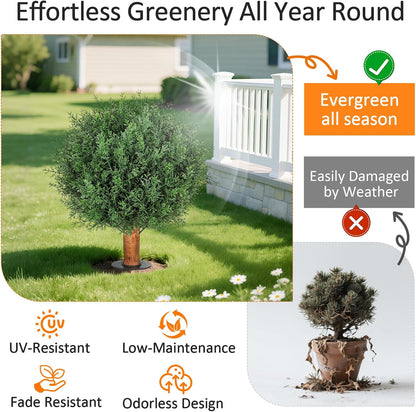 Artificial Cedar Shrubs Ball Trees with Ground Spike, 24.6 inche Tall UV-Resistant Fake Outdoor Plants Evergreen Trees, Realistic Faux Pine Bushes for Front Porch Home Patio Garden, 1 Pcs