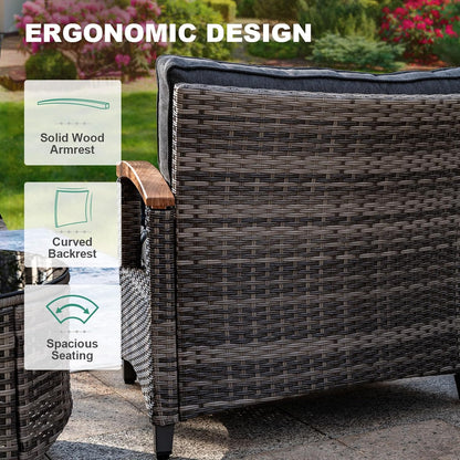 8 Piece Outdoor Patio Furniture Set, Half-Moon Curved Sectional Set with Wood Armrests, Patio Conversation Set, 2 Half-Moon Ottomans，Coffee & Side Tables (Grey)
