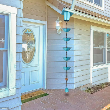 9FT Wrought Iron Rain Chain Set with 1 Adapter,Rain Chains for Outside with Rain Chain 16 Cups Flowers and Decorative Small Bell (Blue-Purple)