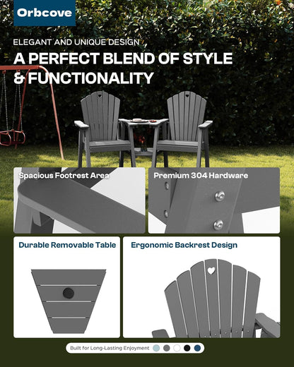 Tall Adirondack Chairs Set of 2 with Double Layer Connecting Table, HDPE Bar Height Outdoor Table and Chairs with Umbrella Hole, All Weather Outdoor Bar Stools for Patio, Deck, Backyard (Grey)