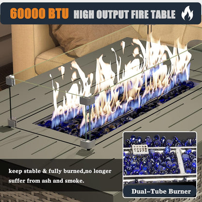 44 Inch Propane Gas Fire Pits Table for Outside Patio, 60000 BTU Rectangular Outdoor Wicker Rattan Fire Pit with Glass Wind Guard