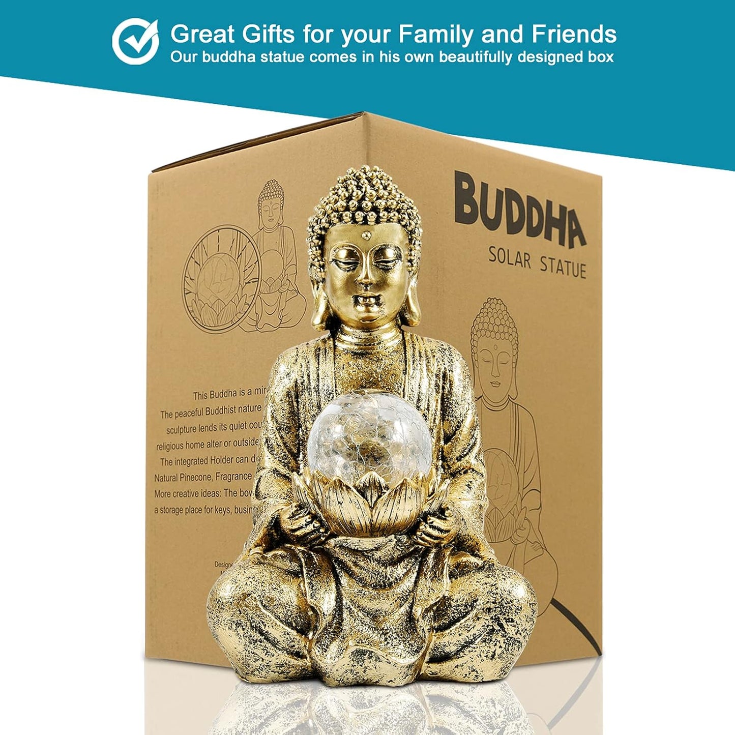 Nacome Meditating Buddha Statue with Solar Light,Zen Solar Garden Buddha with Cracked Glass Ball Sculpture-Indoor/Outdoor Decor for Balcony,Garden,Patio,Porch Yard Art Ornament,10.5 inch(Gold)