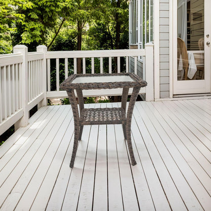 Handwoven Wicker Side Table - 20 Inch Small Outdoor Table 2 Tier Storage with Tempered Glass Top, All Weather Outdoor Patio End Tables for Deck Balcony Outside Brown