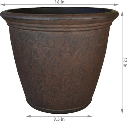 Sunnydaze 15.25-Inch Anjelica Large Plastic Pot for Plants - Outdoor Polyresin Round Planter with Drillable Drainage Holes - Rust