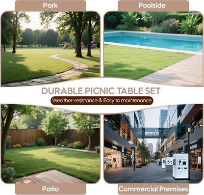 6FT Outdoor Picnic Table and Bench Set with 2" Umbrella Hole, WPC Tabletop Seattop Patio Dining Set for 6 People, Outdoor Dining Table and Chair for Park Garden Yard Patio- Brown