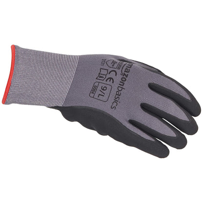 Amazon Basics Micro-Foam Nitrile Coated Work Gloves, Nylon Liner Fiber, Touch Screen, Grey, Size 9/L, 12 Pairs