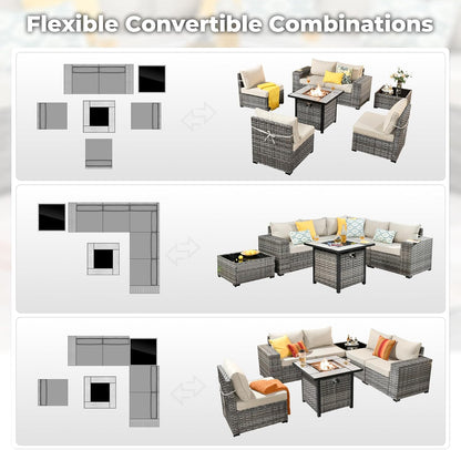 ovios 7 Pieces Patio Furniture Set, Outdoor Wicker Sectional Sofa with 30 Inch Fire Pit Table Comfy Cushions, Modern Modular Deep Seat Rattan Couch Conversation Set, Beige