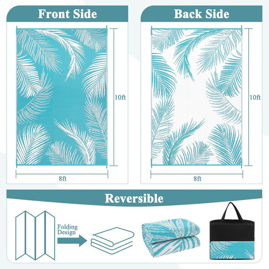 Pauwer Waterproof Outdoor Rug 8x10, Reversible Plastic Straw Patio Camping Rug, Indoor Outdoor RV Mat Carpet for Deck, Camper, Porch, Balcony, Backyard, Picnic, Leaf Teal