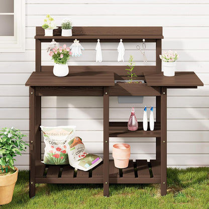 SERWALL Potting Bench Outdoor Potting Table with Sink, HDPE Potting Benches for Outside Gardening Table All Weather Use- Coffee
