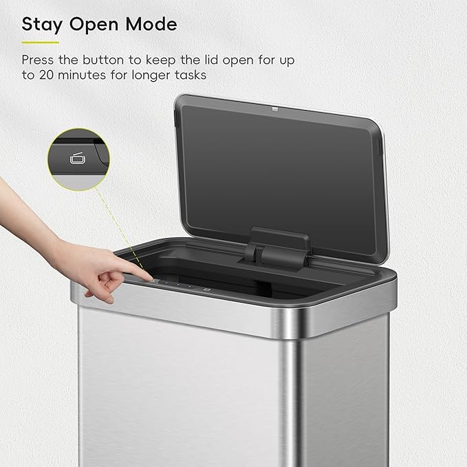 EKO Nova Sensor Trash Can, 21 Gallon/80 Liter Stainless Steel Rectangular Touchless Motion Sensor Trash Can, Matte Metallic