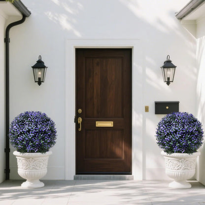 Set of 2 Artificial Boxwood Topiary Ball Trees Outdoor Faux Shrubs Artificial Boxwood Plants with Ground Spike, 24" Lavender Fake Evergreen Tree UV Resistant for Planter,Potted,Fall
