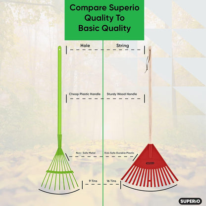 Pack of 12 Kids Rake with Hardwood Handle, Durable Plastic Head to Sweep Leaves in Lawn and Tidying Up The Garden, 34" (Red)