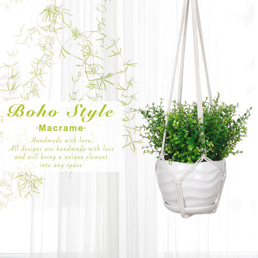 YIBOT 3 Pack Macrame Plant Hanger Indoor Hanging Planter Basket with 3 Hooks, 35"/29"/23" Crochet Plant Holder Stand No Tassels for Indoor Outdoor Boho Home Decor, Ivory (POTS NOT Included)