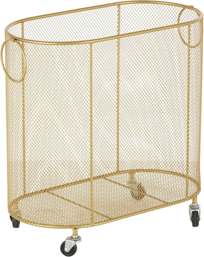 Deco 79 Metal Storage Cart Oval Mesh Wire Rolling Laundry with Ring Handles, 21" x 12" x 21", Gold