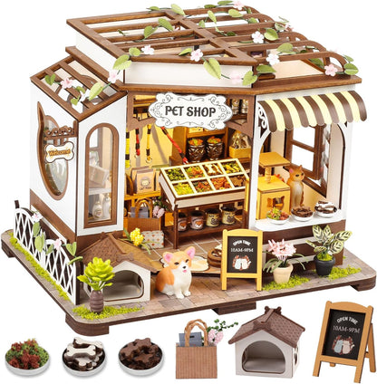 [2025 New] Pet Shop Miniature House Kit with LED Light, Book Nook Kit with Cover for Birthday, 3D Wooden Bookends Puzzle Bookshelf Decor Building Kit Birthday Gifts for Family, Friends