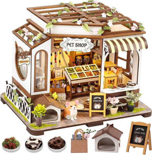 [2025 New] Pet Shop Miniature House Kit with LED Light, Book Nook Kit with Cover for Birthday, 3D Wooden Bookends Puzzle Bookshelf Decor Building Kit Birthday Gifts for Family, Friends