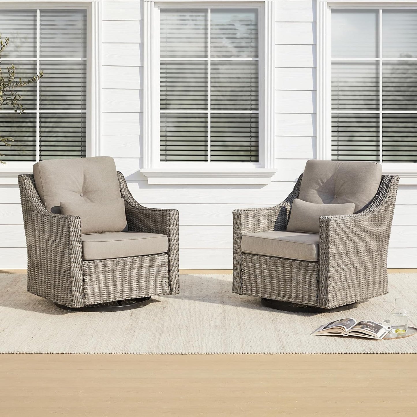 CHITA 2 Pieces Patio Wicker Chairs, 360° Rocking Swivels Outdoor Rattan Chair with Thickened Cushions for Backyard, Poolside, Garden or Porch