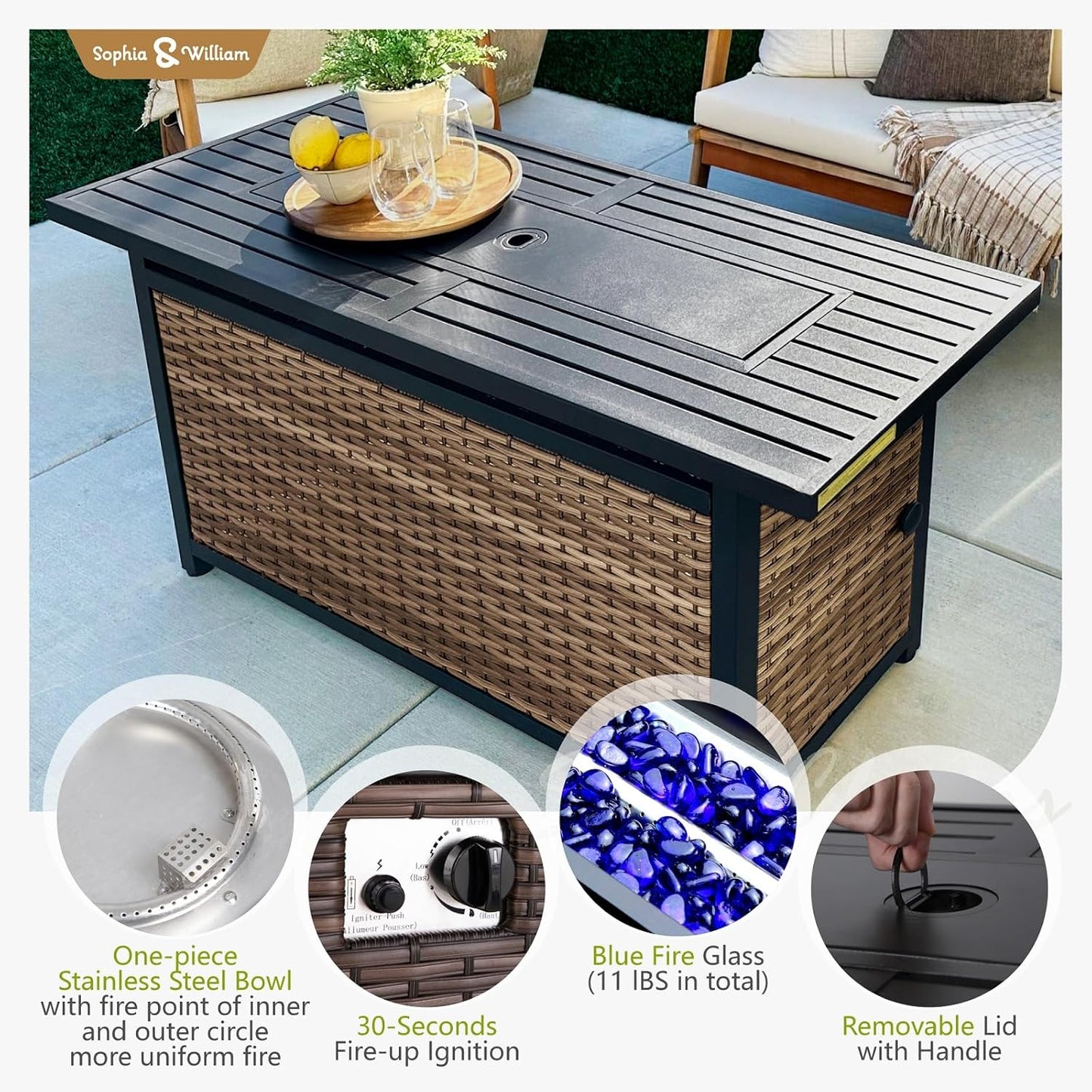 Sophia & William Patio Furniture Set with Fire Pit Table, 6 Piece Half Moon Outdoor Wicker Sectional Sofa Set, Rattan Conversation Set with 56-Inch Fire Pit Table for Backyard, Deck, Pool(Aqua Blue)