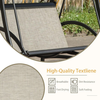 Domi Porch Patio Swing with Adjustable Canopy, 2-seat with Stand, Outdoor Loveseat Swing w/Armrests, Weather Resistant Steel Frame and Textilene Fabric