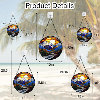 Stained Glass Window Hanging, Yellow Blue Sunset Mountains Scenery Sun Catcher for Window Home Decor Landscape Suncatcher Mother's Day Birthday Gifts for Women Men Mom and Nana 7.8 in
