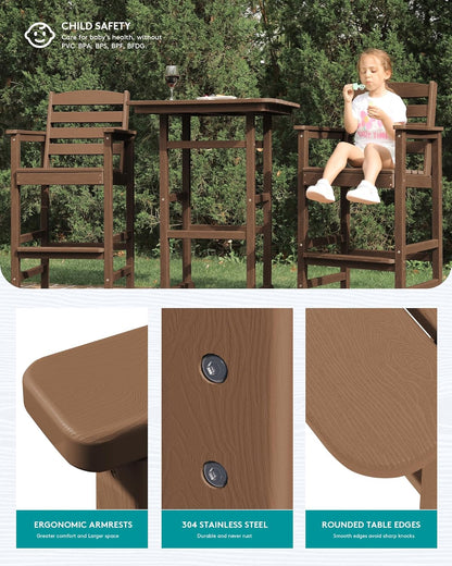 SERWALL Balcony Adirondack Chairs and Table 3 Pieces Set, Adirondack Bar Height Chairs Set of 2 and Bar Table, Outdoor Bar Stools Set for Bistro, Poolside, Backyard, Brown