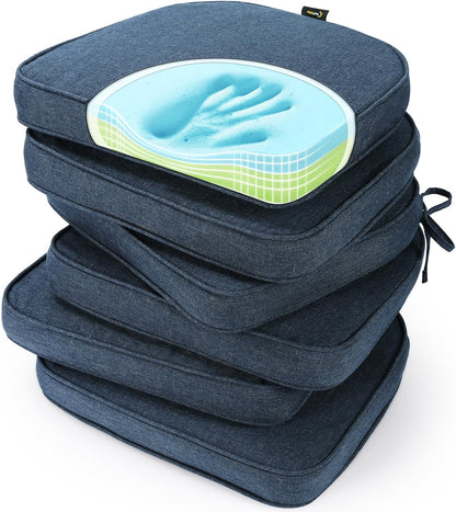SUNROX Gel Memory Foam Chair Cushions, FadeShield Water-, Stain-Resistant Durable Reversible Seat Cushion Pads with Ties for Indoor/Outdoor Kitchen Dining Office, 17"x16", Set of 6, Heather Indigo