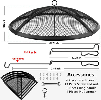 Fire Pit Spark Screen, Fire Pit Screen 22 Inch Round with Handle & Poker, Collapsible Heavy Duty Mesh Fire Pit Cover Fire Pit Lid for Outdoor/Patio/Backyard/RV Camping/Beach