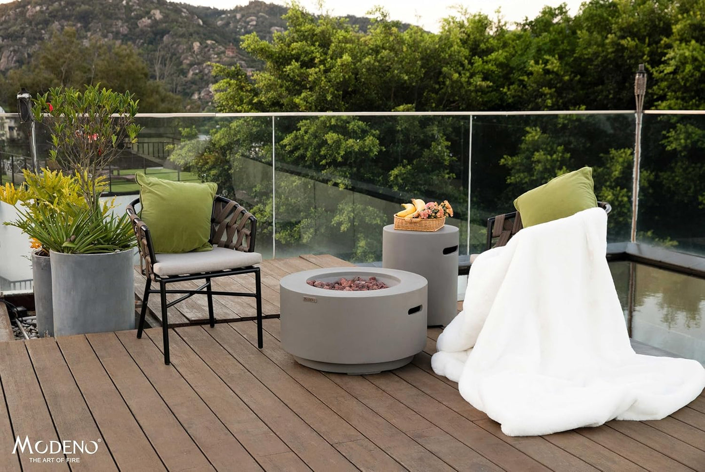 AMS Fireplace | Modeno Waterford Package | Light Gray Liquid Propane Gas Fire Pit Table for Outside Patio Bundle with Tank Cover | Free Ice Bucket & Rubber Mat