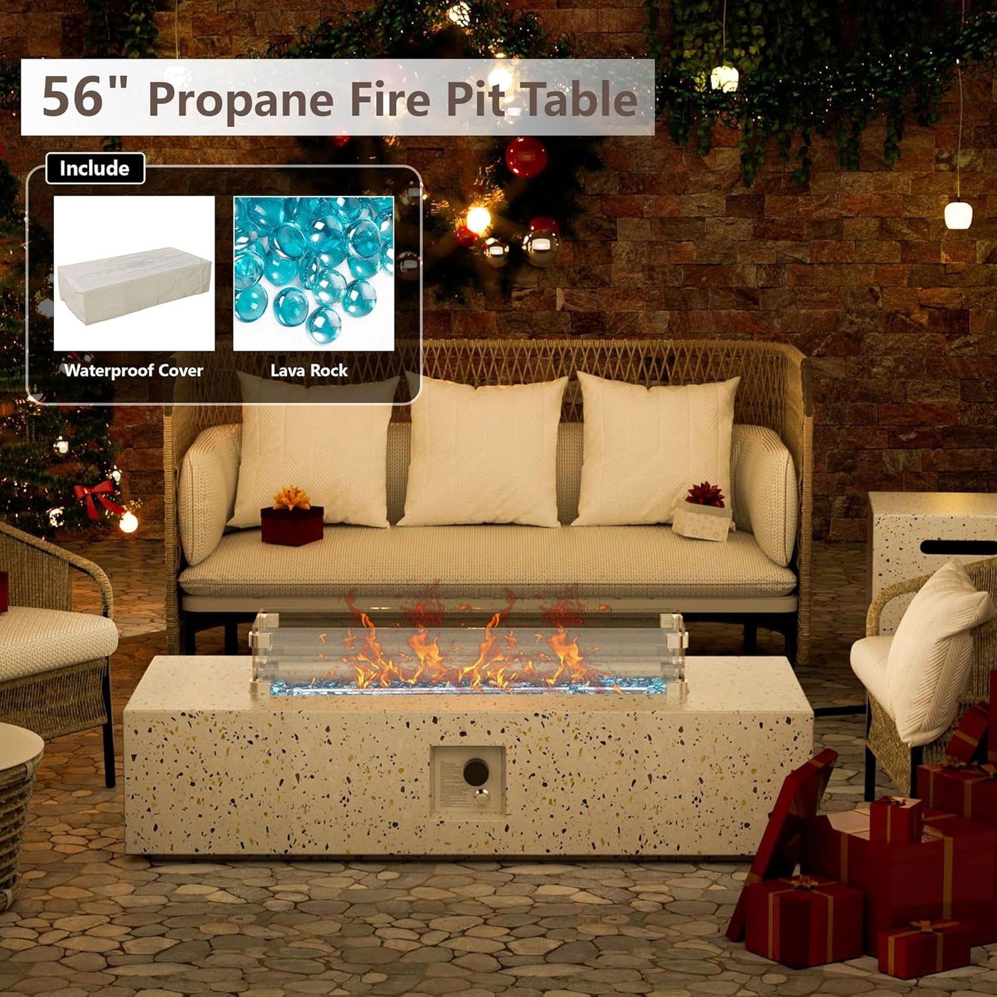 8 Piece Patio Furniture Set - Outdoor Conversation Sets with 56" Fire Table and Coffee Table, Rattan Modular Sofa Set for Garden/Poolside, Beige/Black