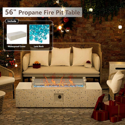 8 Piece Patio Furniture Set - Outdoor Conversation Sets with 56" Fire Table and Coffee Table, Rattan Modular Sofa Set for Garden/Poolside, Beige/Black