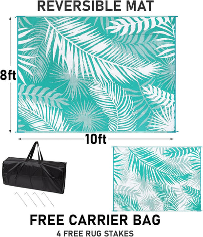 Outdoor Rug 8'x10' Waterproof for Patios Clearance, Reversible Outdoor Plastic Straw Rug Camping Carpet, Outside Floor Mats Large Area Rugs for RV,Patio,Deck,Porch, Beach,Balcony,Teal&White